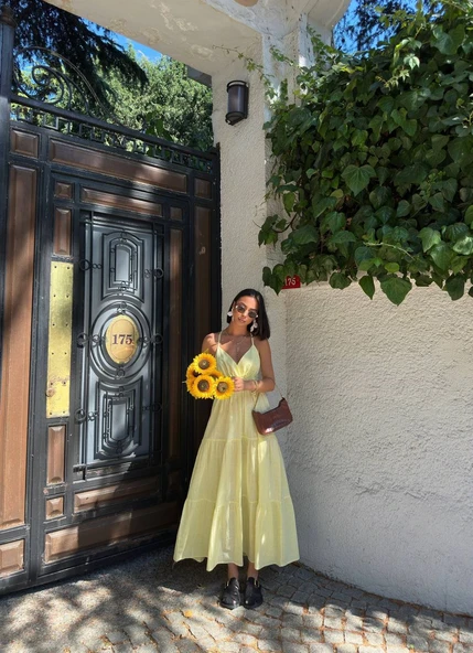 Askılı Dökümlü Şık Midi Elbise Günlük Keten - 4