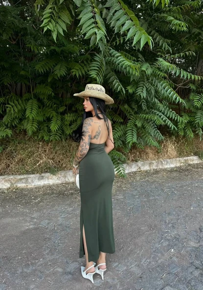 BOYUNDAN BAĞLAMALI YIRTMAÇ DETAYLI ELBİSE YEŞİL ASTARLI - 2