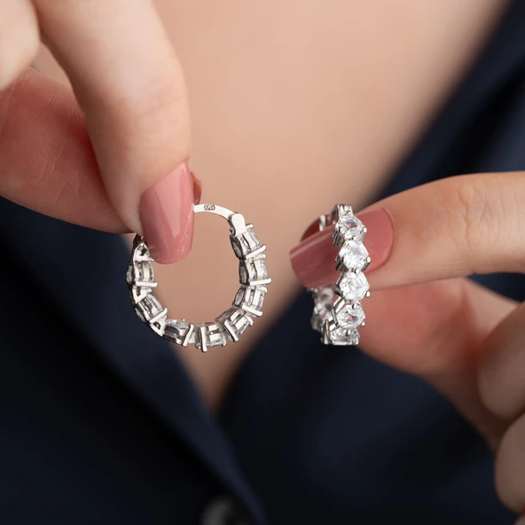 Vaoov 925 Ayar Gümüş Sırataşlı Halka Küpe - Resim 3