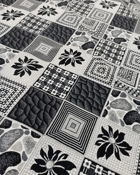 Dokuma Savan Halı Örtüsü 9 m2 230x330 cm Siyah Beyaz Çiçekli - 3