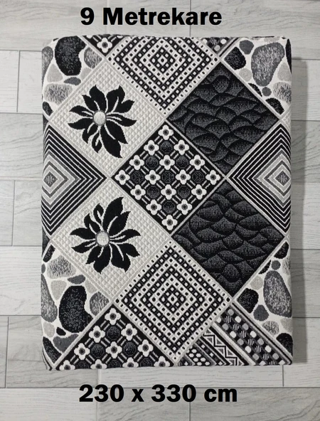 Dokuma Savan Halı Örtüsü 9 m2 230x330 cm Siyah Beyaz Çiçekli - 1