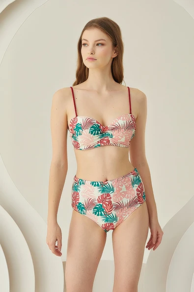 Renkli Soft Tropikal Straplez Yüksek Bel Bikini Takımı ürün görseli
