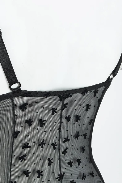 Siyah Bow Hafif Destekli Bodysuit - Resim 3