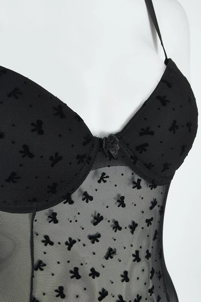 Siyah Bow Hafif Destekli Bodysuit - Resim 2