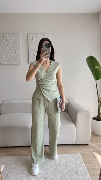 KRUVAZE BELİ TOKALI ALT ÜST GÜNLÜK TAKIM YEŞİL - 4