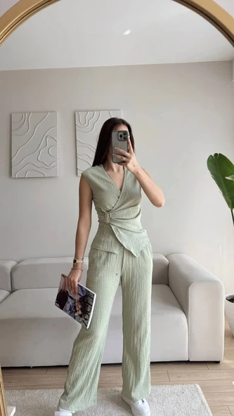 KRUVAZE BELİ TOKALI ALT ÜST GÜNLÜK TAKIM YEŞİL - 2