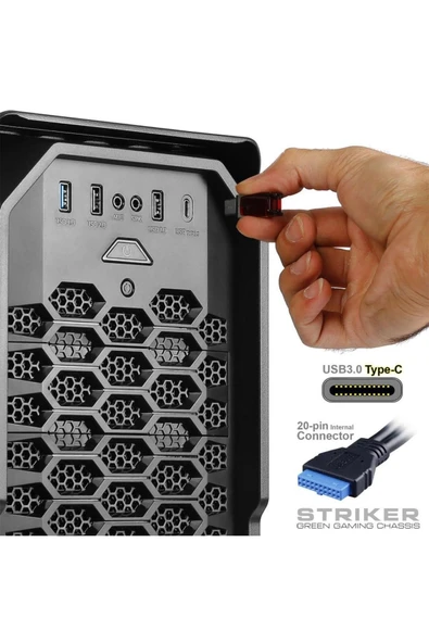 Green STRIKER Midtower 3X120MM Fan Siyah Bilgisayar Kasası 6X120MM Fan Desteği (Psuyok) - 5