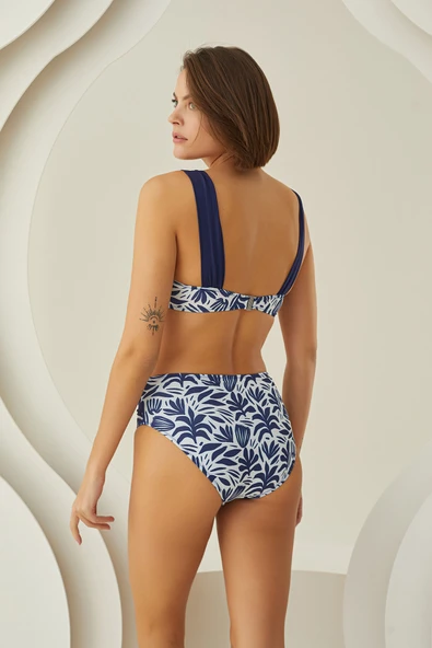 Lacivert Yaprak Desen Straplez Bikini Takım - 3