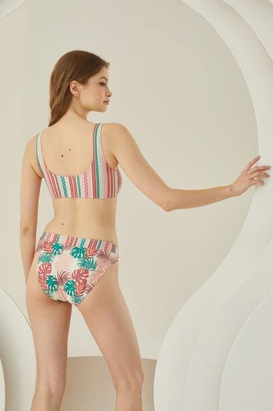 Renkli Soft Tropikal Halter Yaka Bikini Takımı - Resim 4