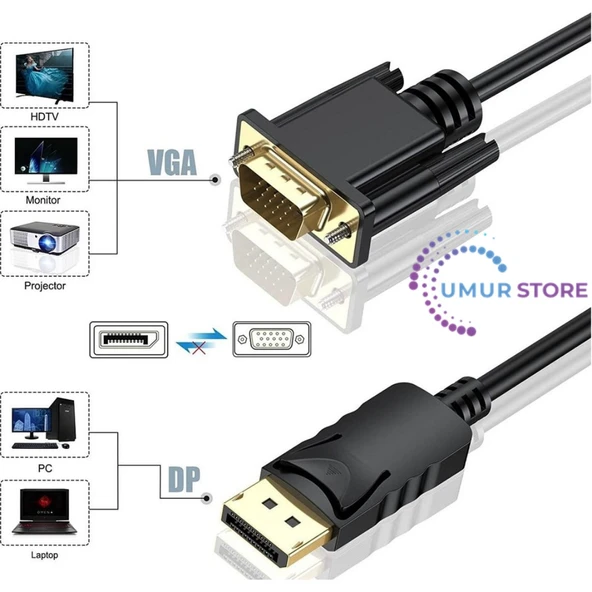 Display Port To VGA Kablo Display VGA Dp To VGA 1.8m Displayport Erkek VGA Erkek Kablo 1.8 Metre Çevirici Dönüştürücü - Resim 2