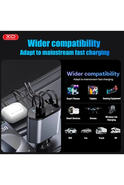 Xo CC62 Araç Hızlı Şarj Cihazı,104W,Type-C 65W Hızlı Şarj,Lightning Kablo,Type-C-Usb Giriş,Siyah - Resim 4