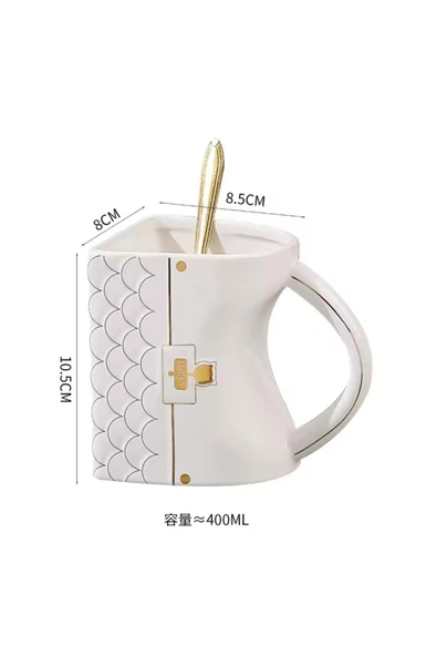 Coverzone Çanta Tasarımlı Seramik Kaşıklı Kupa Mug Çay Kahve Isıya Dayanıklı Dekoratif Hediyelik 400 ML - Resim 3
