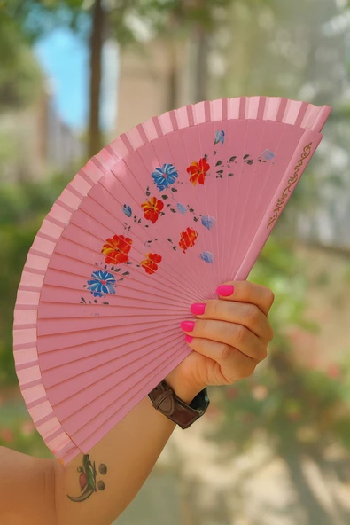 Coverzone Katlanabilir El Yelpazesi Bambu Saplı Dekoratif Çiçek Desenli Japon Tarzı Kompakt Tasarım