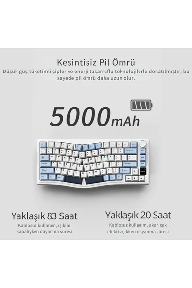 Coverzone Ajazz AKS-075 Ergonomik Tasarım, TFT Ekranlı 3 Modlu Mekanik Klavye Mavi - Gift Switch - Resim 5