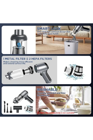 Coverzone Araba Süpürgesi Kablosuz,3'ü 1 Arada Şarj Edilebilir Süpürge,18000 PA Fırçasız Motor,4000mAh,LT-126 - Resim 2