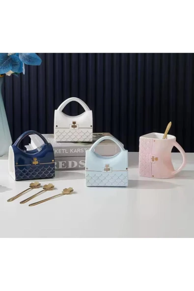 Coverzone Çanta Tasarımlı Seramik Kaşıklı Kupa Mug Çay Kahve Isıya Dayanıklı Dekoratif Hediyelik 400 ML - Resim 2