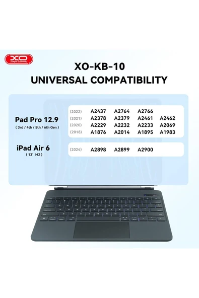 Xo Kablosuz Klavye KB10 - iPad Pro/Air 6 Uyumlu, Touchpad’li, Şarjlı, Türkçe Q, 64 Tuşlu, 13 inç - Resim 2