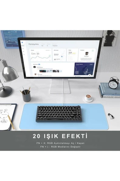 Coverzone Beyaz Işıklı Hot Swap Kablolu Mekanik Oyun Klavyesi Ajazz AK820 Kırmızı Switch - Resim 4