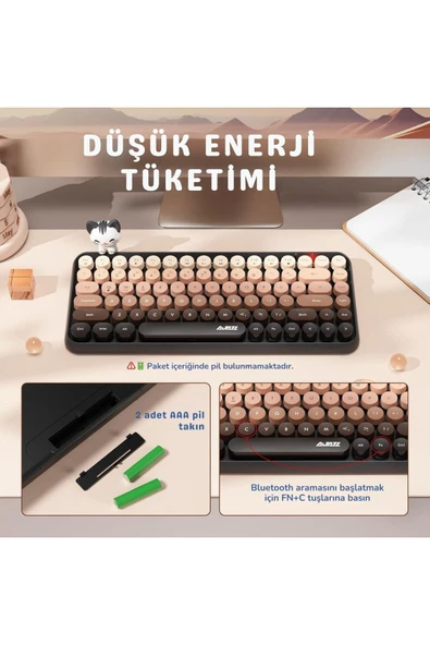 Coverzone Kablosuz Klavye - Bluetooth, Retro, Yuvarlak Tuşlu, Kedi Süs Aksesuarı, Sessiz AJAZZ AJ308i - Resim 4