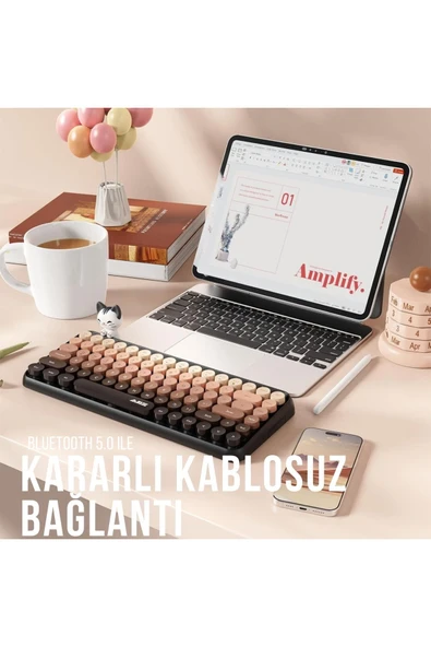 Coverzone Kablosuz Klavye - Bluetooth, Retro, Yuvarlak Tuşlu, Kedi Süs Aksesuarı, Sessiz AJAZZ AJ308i - Resim 8