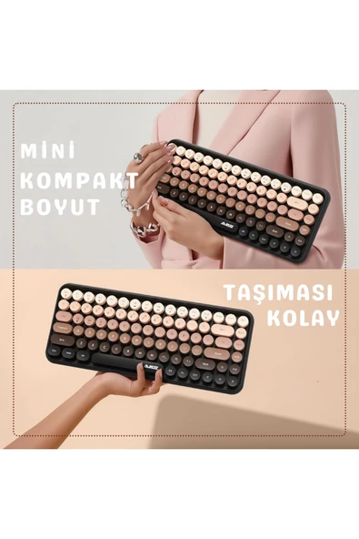 Coverzone Kablosuz Klavye - Bluetooth, Retro, Yuvarlak Tuşlu, Kedi Süs Aksesuarı, Sessiz AJAZZ AJ308i - Resim 6