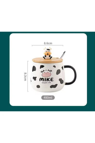 Coverzone İnek Tasarımlı Kapaklı Kaşıklı Seramik Dekoratif Hediyelik Kupa Mug - 2