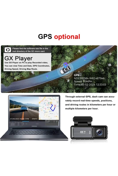 Coverzone Mini Çift Lensli WiFi GPS Dash Kamera - 4K Ön Kamera & 1080P Arka Kamera, Gece Görüşü M6 - Resim 5