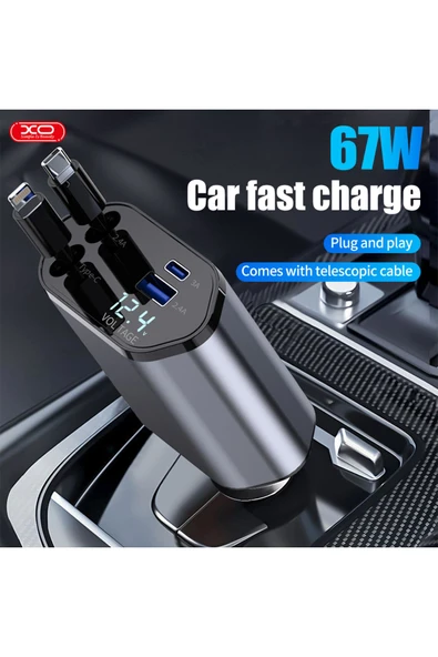 Xo CC62 Araç Hızlı Şarj Cihazı,104W,Type-C 65W Hızlı Şarj,Lightning Kablo,Type-C-Usb Giriş,Siyah - Resim 5