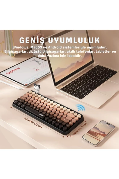Coverzone Kablosuz Klavye - Bluetooth, Retro, Yuvarlak Tuşlu, Kedi Süs Aksesuarı, Sessiz AJAZZ AJ308i - Resim 5