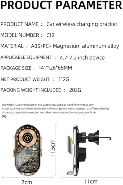 Coverzone Kablosuz Araç İçi Cep Telefonu Şarj 2in1 Telefon Tutucu ve Şarj Araç 4.7-7.2 inç Uyumlu C12 - Resim 6