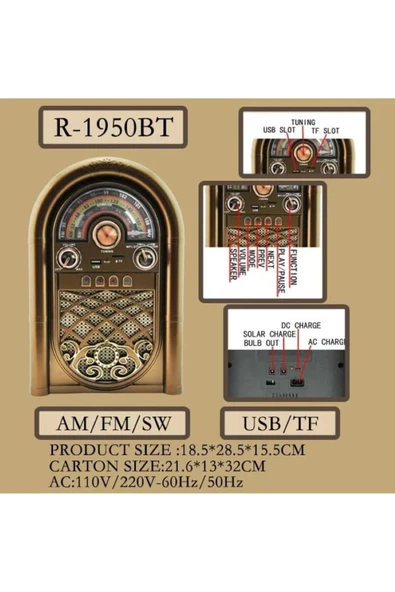 Coverzone Retro Radyo Taşınabilir Bluetooth Speaker Ve Hoparlör Ahşap Kaplama Antika Tarzı R-1950BTL AÇIKKAHVE - Resim 4