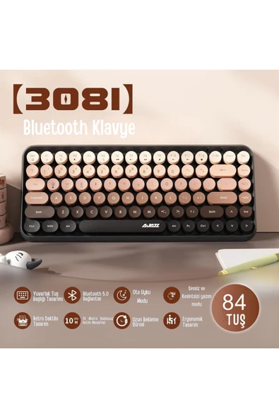 Coverzone Kablosuz Klavye - Bluetooth, Retro, Yuvarlak Tuşlu, Kedi Süs Aksesuarı, Sessiz AJAZZ AJ308i - Resim 2