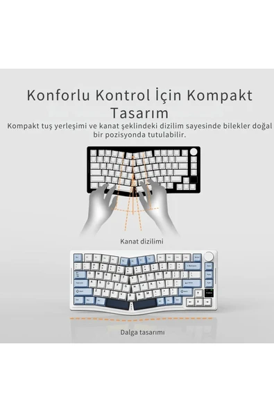 Coverzone Ajazz AKS-075 Ergonomik Tasarım, TFT Ekranlı 3 Modlu Mekanik Klavye Mavi - Gift Switch - Resim 3