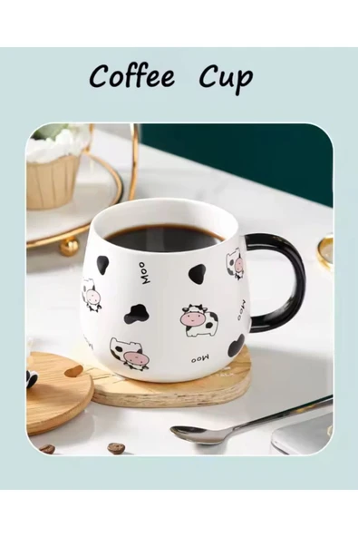 Coverzone İnek Tasarımlı Kapaklı Kaşıklı Seramik Dekoratif Hediyelik Kupa Mug - Resim 2