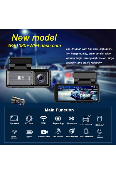 Coverzone Mini Çift Lensli WiFi GPS Dash Kamera - 4K Ön Kamera & 1080P Arka Kamera, Gece Görüşü M6 - Resim 3