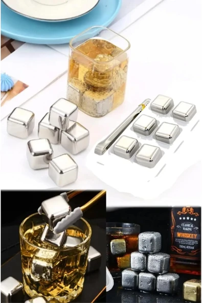 Coverzone Paslanmaz Çelik Buz Kalıbı Sulandırmayan Hediyelik Viski Soğutma Taşı 6'lı Küp Maşa Dahil Değildir - Resim 2
