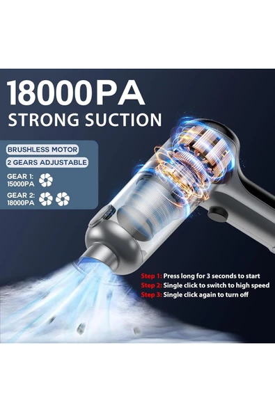 Coverzone Araba Süpürgesi Kablosuz,3'ü 1 Arada Şarj Edilebilir Süpürge,18000 PA Fırçasız Motor,4000mAh,LT-126 - Resim 3