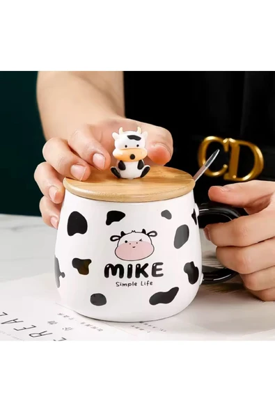 Coverzone İnek Tasarımlı Kapaklı Kaşıklı Seramik Dekoratif Hediyelik Kupa Mug