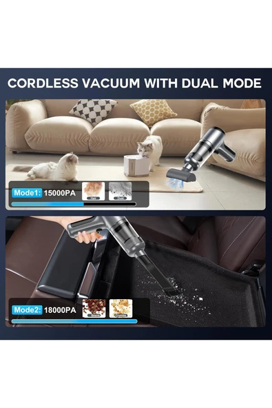 Coverzone Araba Süpürgesi Kablosuz,3'ü 1 Arada Şarj Edilebilir Süpürge,18000 PA Fırçasız Motor,4000mAh,LT-126 - Resim 4