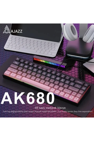 Coverzone 65% Kablolu Hotswap Mekanik Oyun Klavyesi,68 Tuşlu Anti-Ghosting AJAZZ AK680 Pembe | Brown Switch - Resim 2
