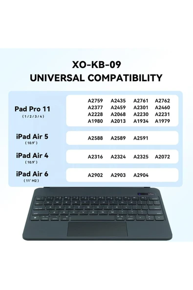 Xo Kablosuz Klavye KB09 - iPad 10.9''/11'' Uyumlu, Touchpad’li, Dijital Ekranlı, Türkçe Q, Şarjlı - Resim 2