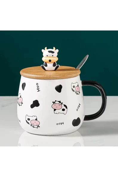 Coverzone İnek Tasarımlı Kapaklı Kaşıklı Seramik Dekoratif Hediyelik Kupa Mug ürün görseli