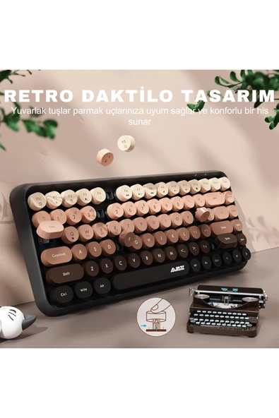 Coverzone Kablosuz Klavye - Bluetooth, Retro, Yuvarlak Tuşlu, Kedi Süs Aksesuarı, Sessiz AJAZZ AJ308i - Resim 7