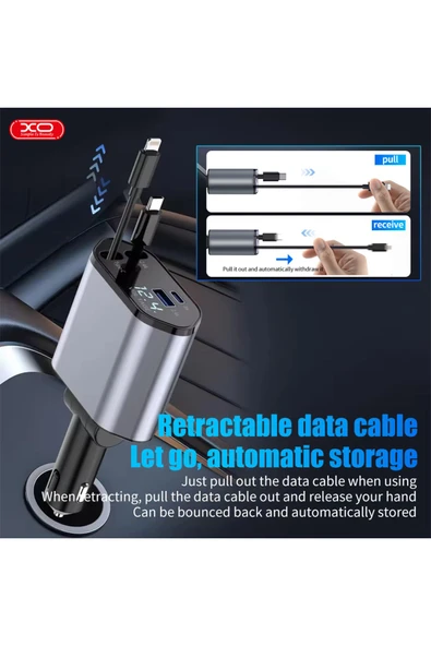 Xo CC62 Araç Hızlı Şarj Cihazı,104W,Type-C 65W Hızlı Şarj,Lightning Kablo,Type-C-Usb Giriş,Siyah - Resim 7