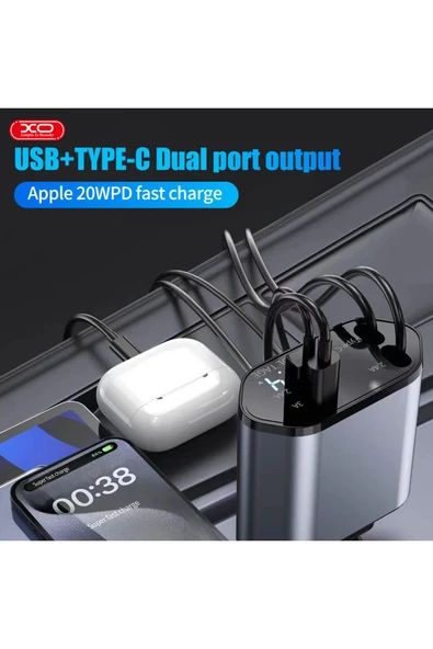 Xo CC62 Araç Hızlı Şarj Cihazı,104W,Type-C 65W Hızlı Şarj,Lightning Kablo,Type-C-Usb Giriş,Siyah - Resim 3