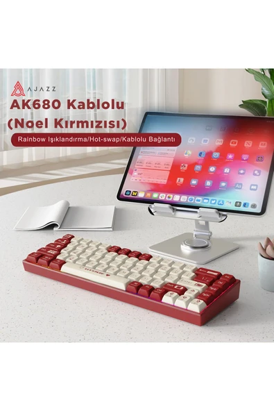Coverzone Ajazz Ak680 65% Kablolu Hotswap Mekanik Klavye, 68 Tuşlu Anti-ghosting Kırmızı Beyaz, Blue Switch - Resim 5