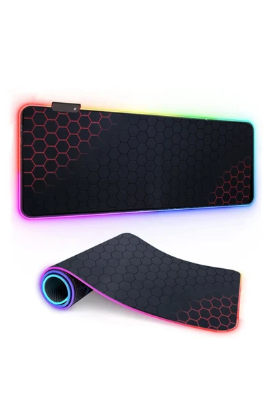 Coverzone Oyuncu RGB Mousepad ve Klavye Pad Kırmızı Altıgen Desenli Red Hex Tasarım Işıklı 70cm x 30cm ürün görseli