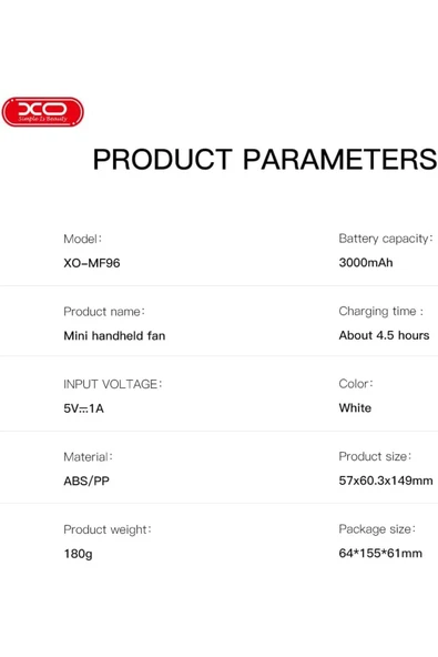 Xo Şarjlı Mini El Fanı – 3000mAh, 7.5 Saat Kullanım, 5 Kademeli Hız, Masaüstü & El Tipi, MF96 - Resim 6
