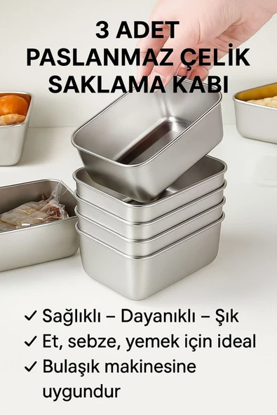Coverzone 3’lü Paslanmaz Çelik Saklama Kabı Seti | Sağlıklı, Hijyenik, Uzun Ömürlü - Resim 2