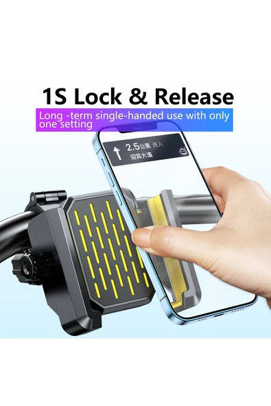Coverzone Telefon Tutucu Gidon Uyumlu, Tek Elle Kilitleme, 360° Ayarlı, Bisiklet-Motosiklet MT-38 Sarı - Resim 2